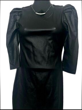 Black Faux Leather Puff-Sleeve Shift Dress